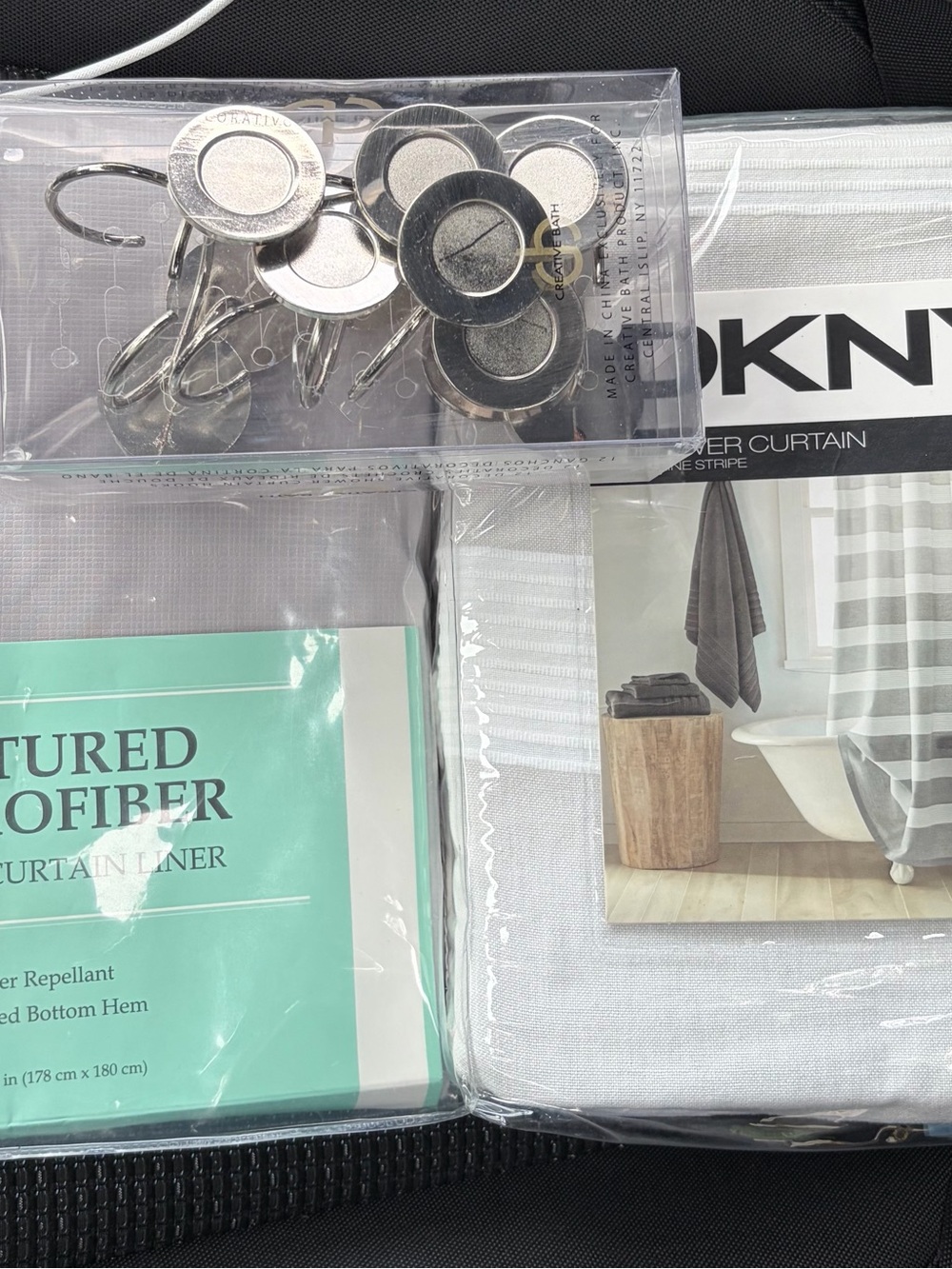 DKNY White Striped Shower Curtain with Silver Hooks & Curtain Liner